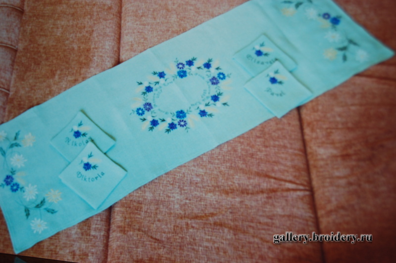 Бледно-бирюзовая скатерть-дорожка и 4 салфетки