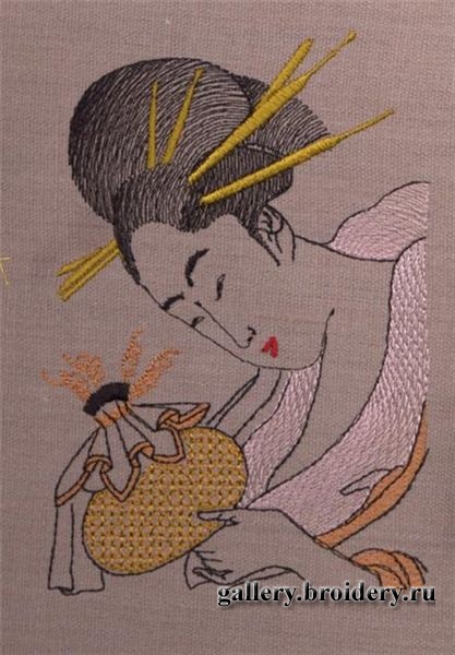 Японская Красавица. Утамаро. Машинная вышивка. 