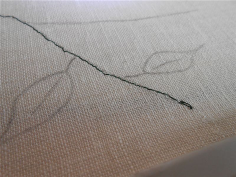 Первая вышитая веточка с листочками