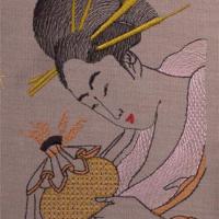 Японская Красавица. Утамаро. Машинная вышивка. 