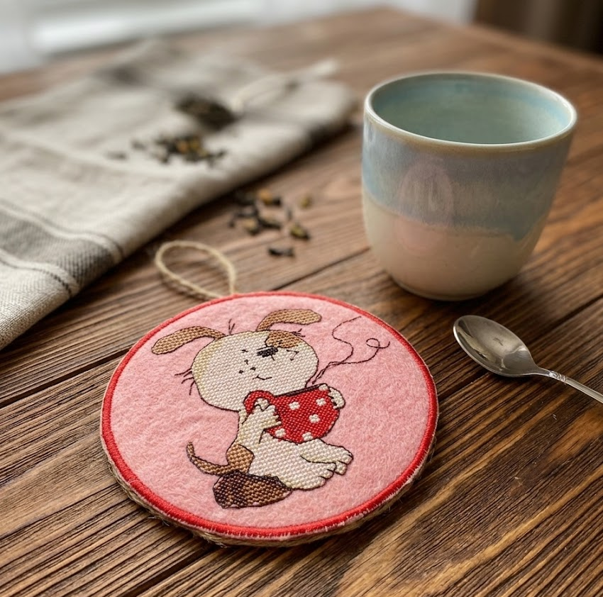 Подставка под кофе вышивка крестом собачка с чашкой